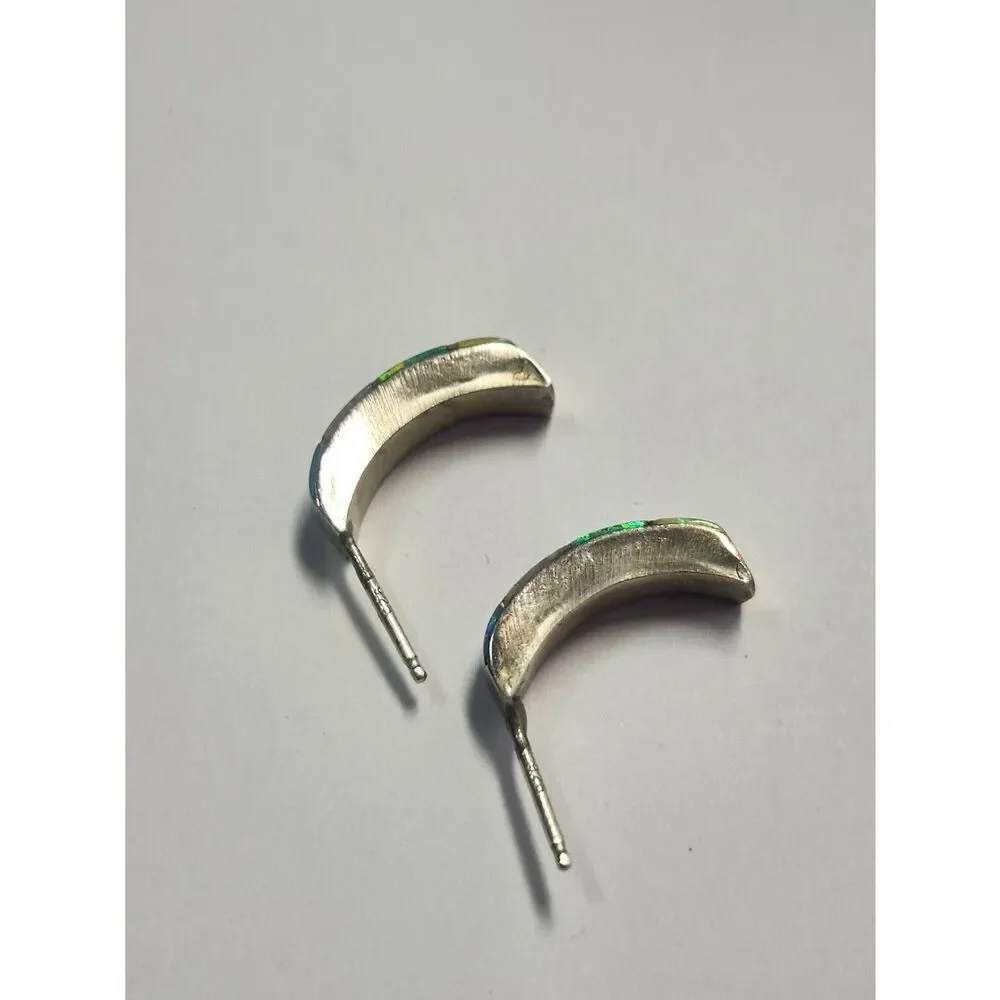 Sterling Silver 925 Opal Inlay Half Hoop Earrings Multi